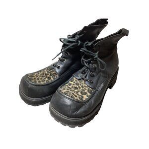 Vintage Mudd Leather & Leopard Print Lace-Up Boots Size 9M Grunge Moto Punk Y2K